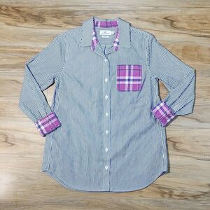 🔹️Vineyard Vines Blue Striped Plaid Accented Button Long Sleeve Top Size 6